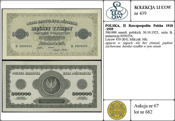 500.000 marek polskich 30.10.1923, seria B, numeracja 0399256