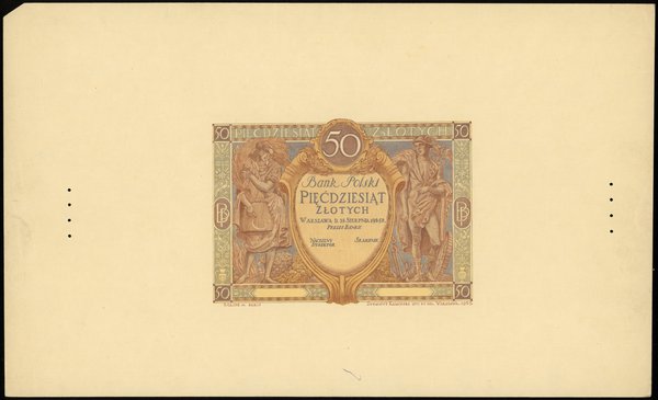 próbny druk kolorystyczny strony głównej banknotu 50 złotych emisji 28.08.1925