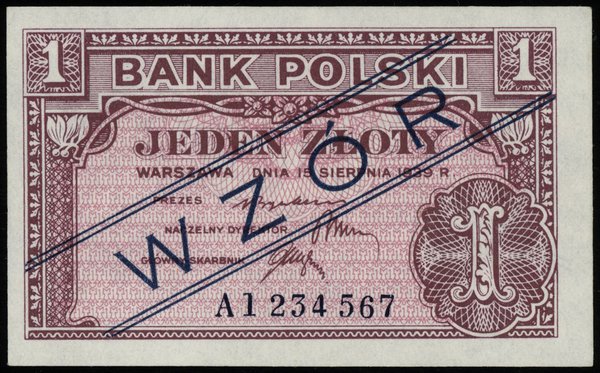 1 złoty 15.08.1939; granatowy ukośny nadruk “WZO