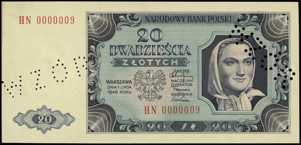 20 złotych 1.07.1948; seria HN, numeracja 000000