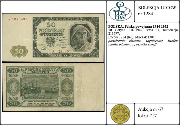50 złotych 1.07.1948, seria J3, numeracja 213697