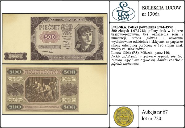 500 złotych 1.07.1948; próbny druk w kolorze brą