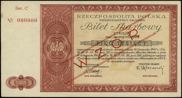 bilet skarbowy na 5.000 złotych 14.11.1945, I emisja, WZÓR, seria C 000000