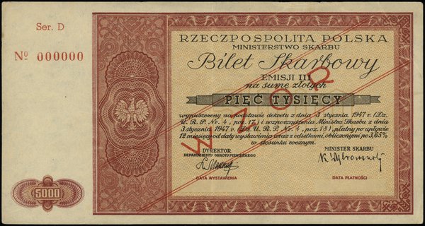 bilet skarbowy na 5.000 złotych 3.01.1947, III emisja, WZÓR, seria D 000000