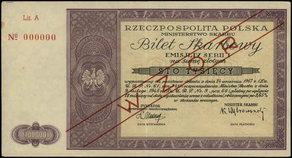 bilet skarbowy na 100.000 złotych 9.02.1948