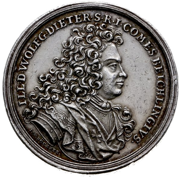 medal z 1702 r autorstwa Höcknera, wagi 1 1/2 talara, poświęcony Wolfgangowi Dieterowi von Beichlingen (kanclerzowi króla Augusta II)