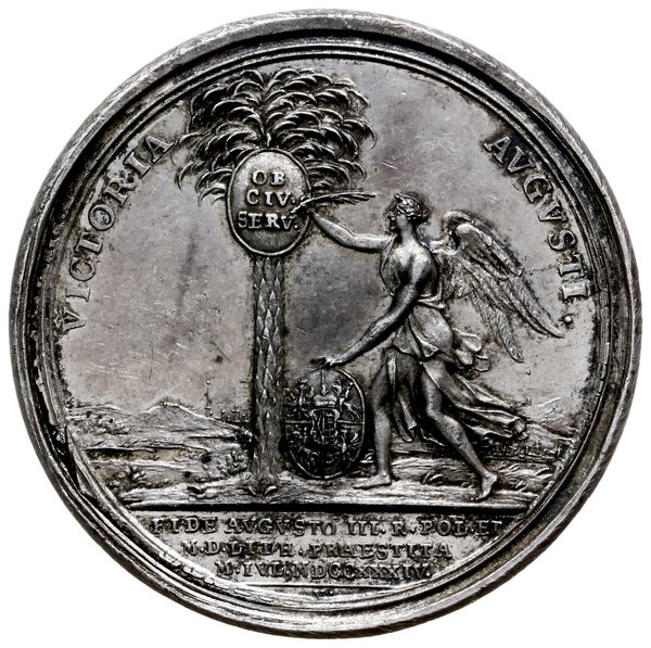 medal z 1734 r. autorstwa V. Verstnera wybity z okazji poddania się Gdańska Augustowi III