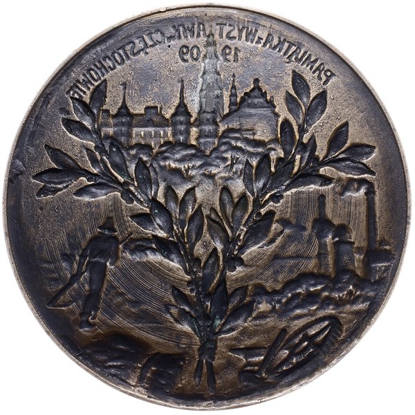 duży jednostronny projekt medalionu do rewersu secesyjnego medalu z 1909 r., wykonanego jako pamiątka z Wystawy Przemysłu i Rolnictwa w Częstochowie