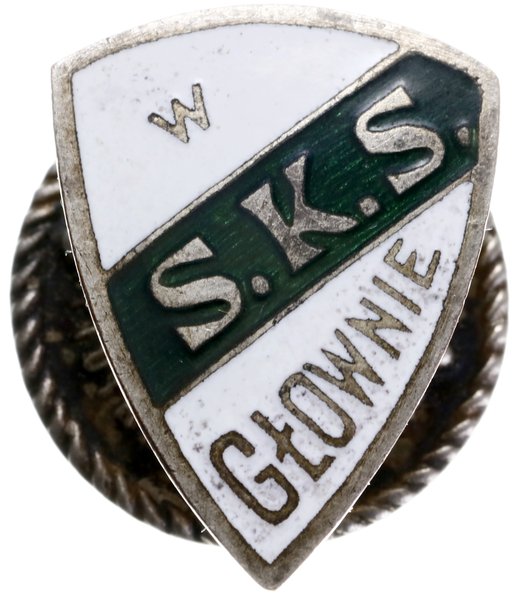 odznaka Strzeleckiego Klubu Sportowego, Głowno, wykonanie A. Dytberger Łódź, tombak srebrzony i emaliowany 20.5 x 16.5 mm