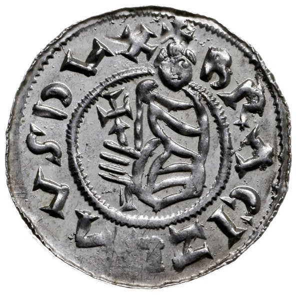 denar przed 1050; Aw: Popiersie z krzyżem w lewo