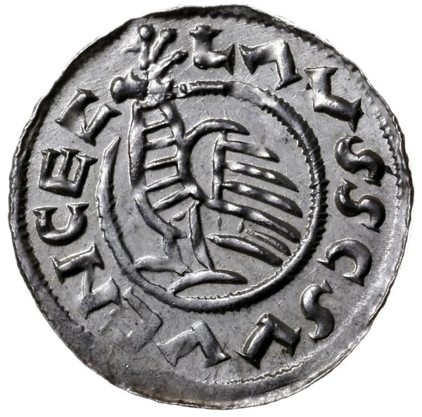 denar przed 1050; Aw: Popiersie z krzyżem w lewo