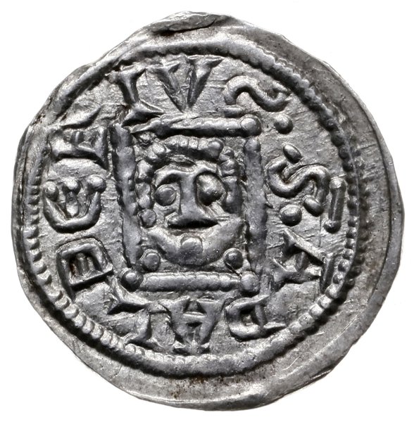 denar, z lat 1146-1157, Aw: Książę z mieczem trzymanym poziomo siedzący na tronie na wprost, BOLEZLAVS