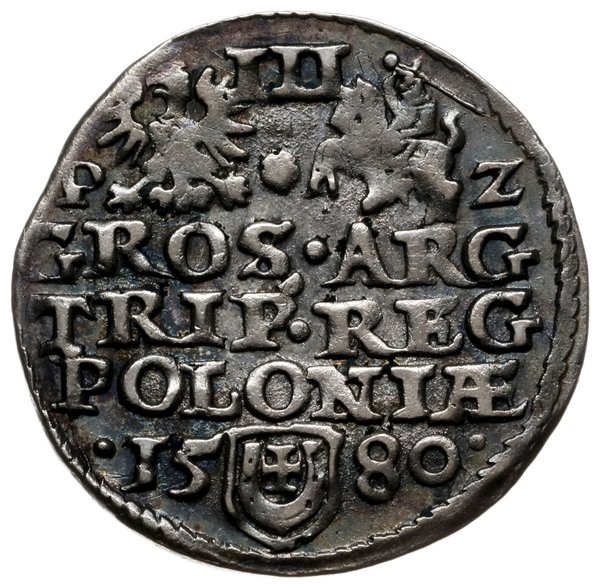 trojak 1580, Olkusz; Aw: Mała głowa króla w praw