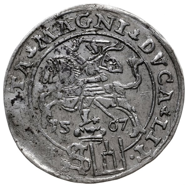 grosz 1567, Tykocin; małe popiersie króla, końcó