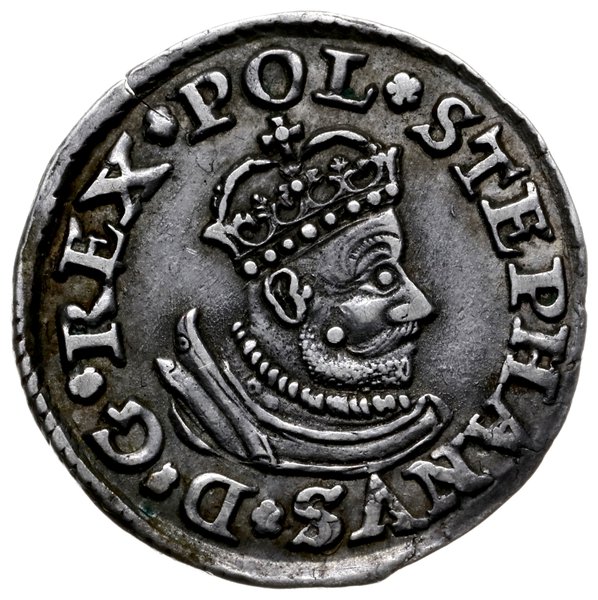 trojak 1580, Olkusz; Aw: Mała głowa króla w praw