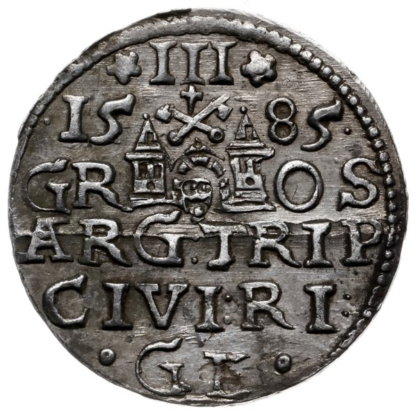 trojak 1585, Ryga; mała głowa króla, rozety po b