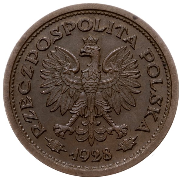 1 złoty 1928, Warszawa; nominał w wieńcu dębowym