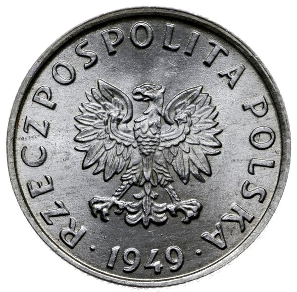 5 groszy 1949, Warszawa; Nominał, wklęsły napis 