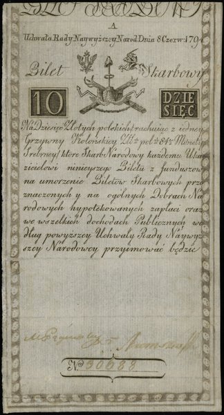 10 złotych polskich 8.06.1794, seria A, numeracja 30688