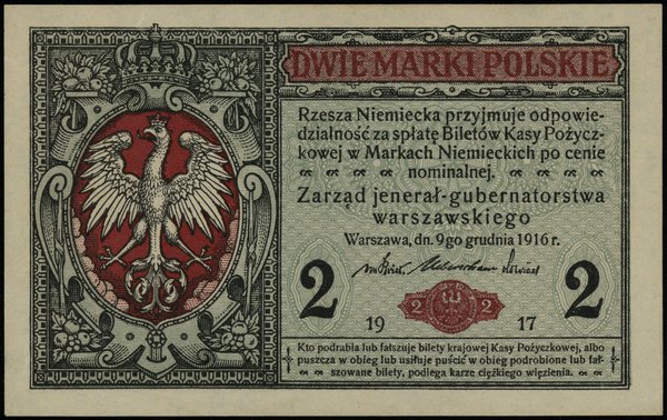 2 marki polskie 9.12.1916, jenerał, seria A,numeracja 1395589