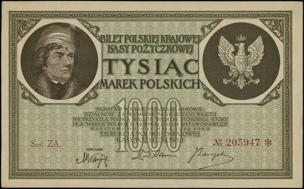 1.000 marek polskich 17.05.1919, znak wodny “orły i litery B-P”, seria ZA, numeracja 205947