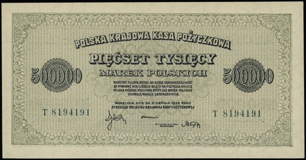 500.000 marek polskich 30.08.1923, seria T, numeracja 8194191