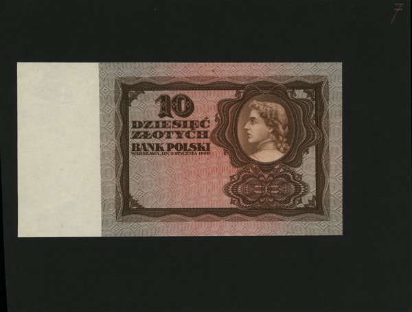 próbny druk kolorystyczny (w odmiennej kolorystyce) strony głównej banknotu 10 złotych 2.01.1928,  bez oznaczenia serii i numeracji, a także bez podpisów urzędników, papier bez znaku wodnego,  strona odwrotna czysta