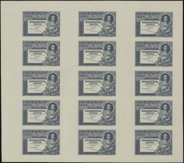 arkusz 15 sztuk (3 x 5) banknotów 20 złotych emisji 20.06.1931, bez oznaczenia serii i numeracji,  bez brązowego poddruku na stronie głównej, strona odwrotna niezadrukowana, papier ze znakiem  wodnym, format 533x 470 mm