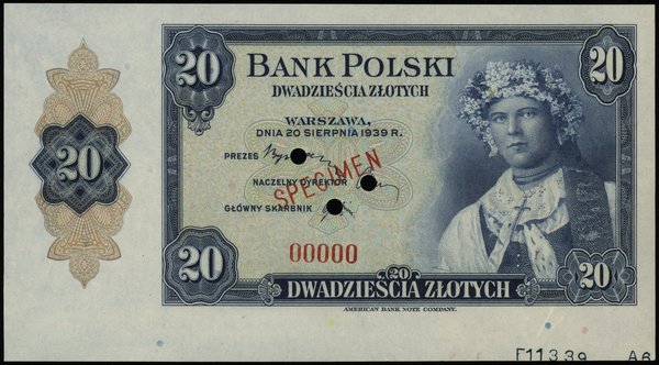 20 złotych 20.08.1939, numeracja 00000, czerwony