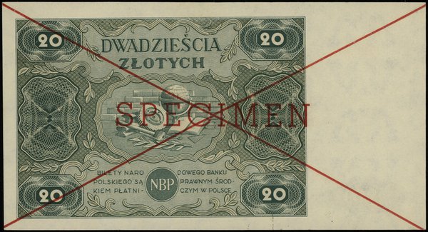 20 złotych 15.07.1947, seria A, numeracja 1234567, czerwone dwukrotne przekreślenie i poziomo  “SPECIMEN”