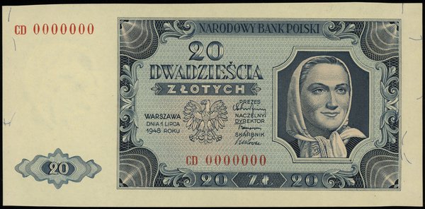 20 złotych 1.07.1948, seria CD, numeracja 0000000, wzór bez nadruków ani perforacji, papier  kremowy z niebieskimi włóknami