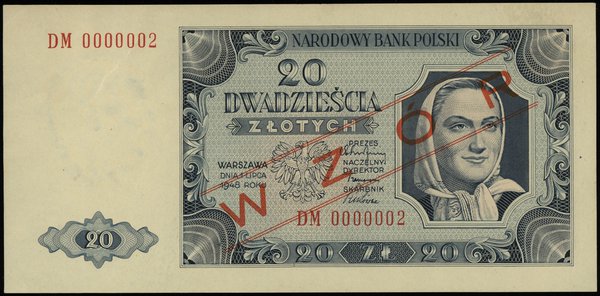 20 złotych 1.07.1948, seria DM, numeracja 0000002, obustronny czerwony ukośny nadruk “WZÓR”