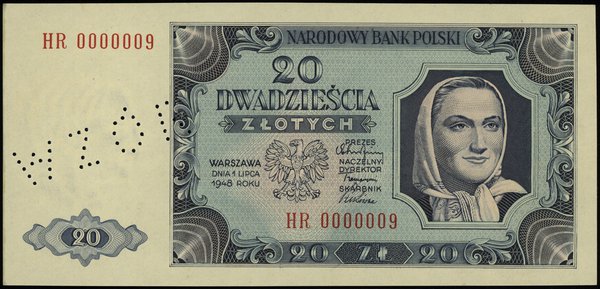 20 złotych 1.07.1948, seria HR, numeracja 0000009, bez nadruków, perforacja “WZÓR”