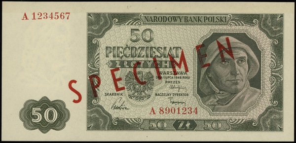 50 złotych 1.07.1948, seria A, numeracja 1234567 / 8901234, na stronie głównej ukośny napis  SPECIMEN w kolorze czerwonym, widoczny również na stronie odwrotnej jako przesiąknięcie  farby przez papier