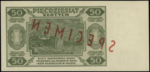 50 złotych 1.07.1948, seria A, numeracja 1234567 / 8901234, na stronie głównej ukośny napis  SPECIMEN w kolorze czerwonym, widoczny również na stronie odwrotnej jako przesiąknięcie  farby przez papier