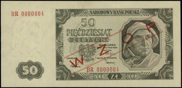 50 złotych 1.07.1948, seria BR, numeracja 0000004, obustronny czerwony ukośny nadruk “WZÓR”