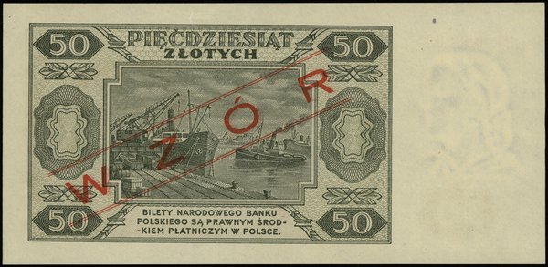 50 złotych 1.07.1948, seria BR, numeracja 0000004, obustronny czerwony ukośny nadruk “WZÓR”
