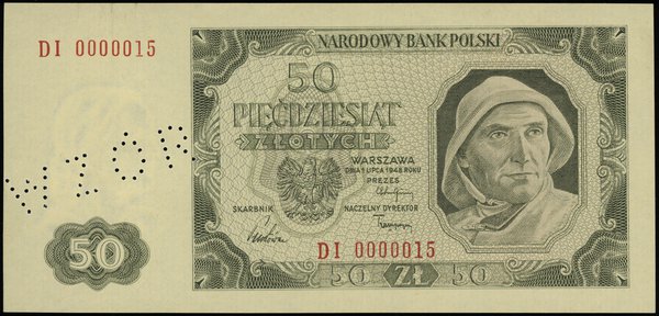 50 złotych 1.07.1948, seria DI, numeracja 0000015, bez nadruku, pefroracja WZÓR