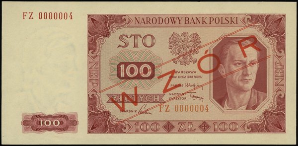 100 złotych 1.07.1948, seria FZ, numeracja 0000004, obustronny czerwony ukośny nadruk “WZÓR”