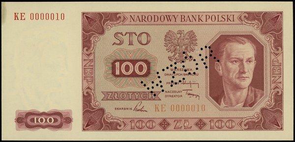 100 złotych 1.07.1948, seria KE, numeracja 0000010, bez nadruków, perforacja “WZÓR”