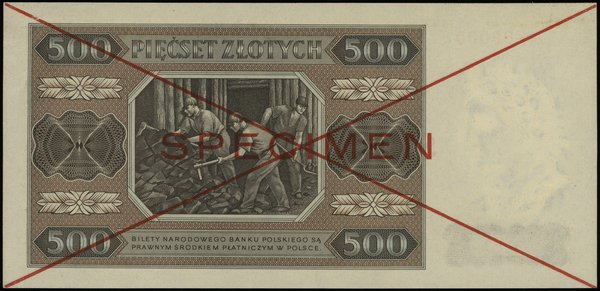 500 złotych 1.07.1948, seria A, numeracja 790000 / 123456, czerwone dwukrotne przekreślenie  i poziomo “SPECIMEN”