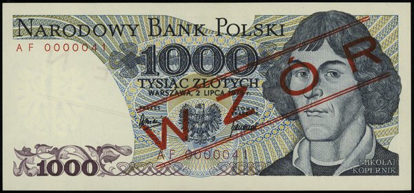 1.000 złotych 2.07.1975, seria AF, numeracja 0000041, obustronny czerwony ukośny nadruk  WZÓR / SPECIMEN