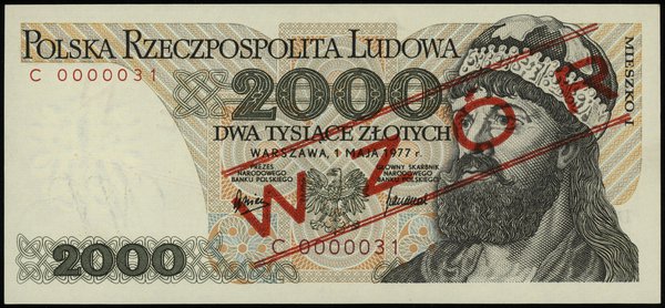 2.000 złotych 1.05.1977, seria F, numeracja 0000013, obustronny czerwony ukośny nadruk  WZÓR / SPECIMEN