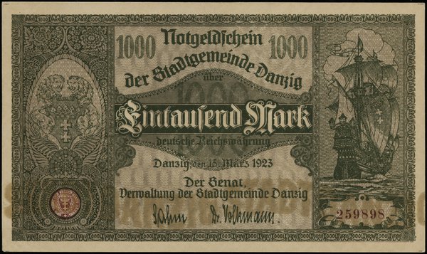 1.000 marek 15.03.1923, numeracja 259898; Miłcza