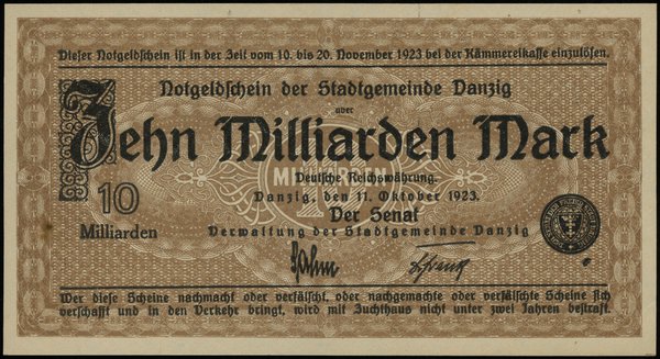 10 miliardów marek 11.10.1923, bez oznaczenia serii i numeracji, znak wodny “kwadraty”