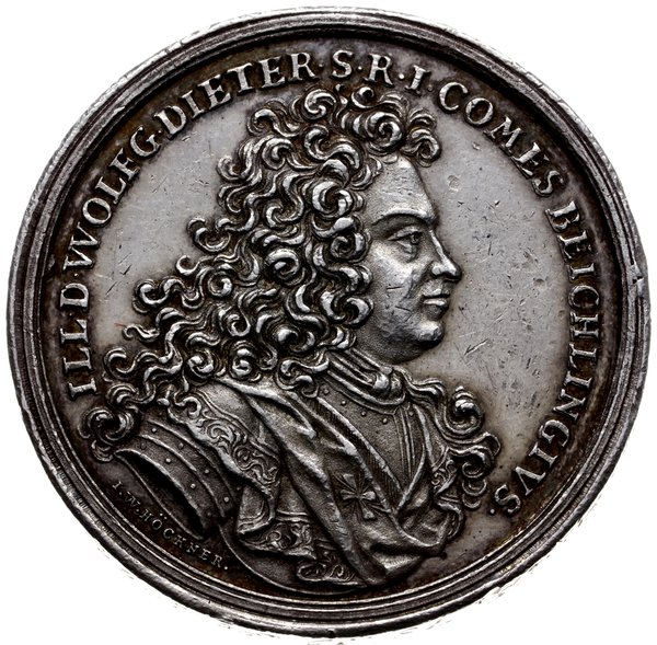 medal z 1702 r autorstwa Höcknera, wagi 1 1/2 talara, poświęcony Wolfgangowi Dieterowi von Beichlingen  (kanclerzowi króla Augusta II)