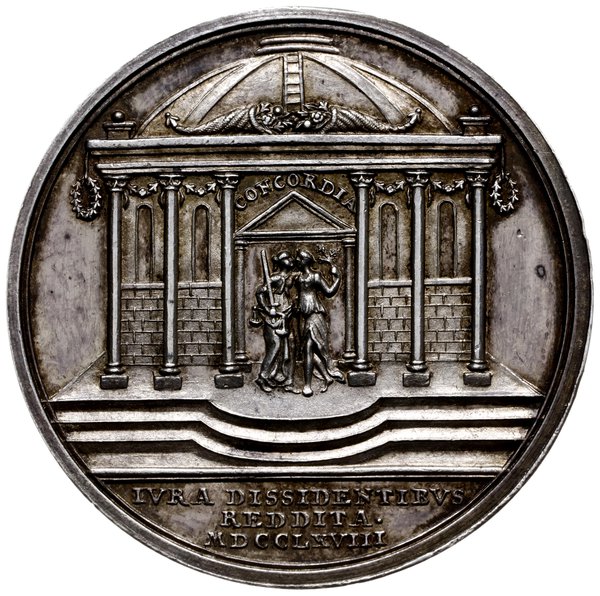 medal autorstwa J. L. Oexleina z 1768 roku wybity z okazji zrównania w prawach dysydentów z katolikami  przez Stanisława Augusta Poniatowskiego