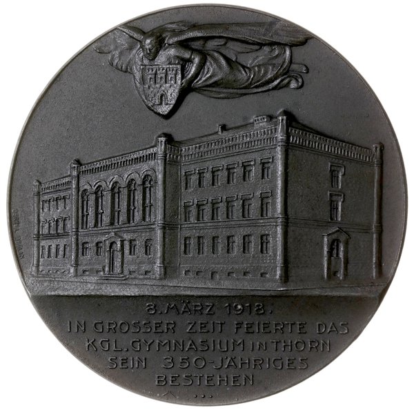 medal z 1918 r. autorstwa Oertela wybity z okazji 350. lecie Gimnazjum w Toruniu