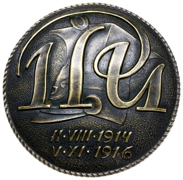 odznaka pamiątkowa 1. Pułku Ułanów Legionowych, jednoczęściowa, alpaka, średnica 41 mm,  nakrętka sygnowana B. Szulecki, Sawicki/Wielechowski s. 159