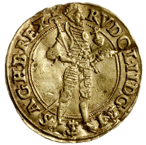 dukat 1587, Praga; Aw: Cesarz stojący w prawo z 